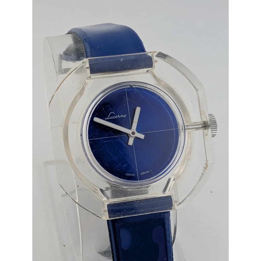 Vintage Lucerne Swiss‎ Mechanical Watch 38mm Acrylic Case Blue Dial- Working